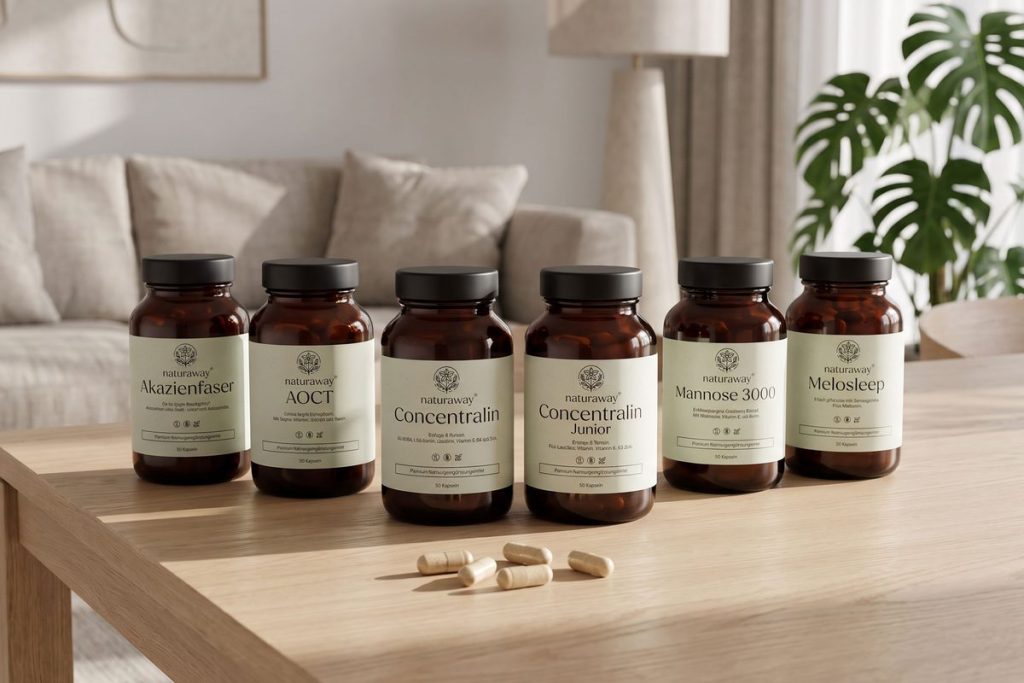Naturaway Produkte im Braunglas auf einem Holztisch